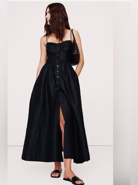 Banana Republic Black Linen Corset Dress Midi Slit NWT 14